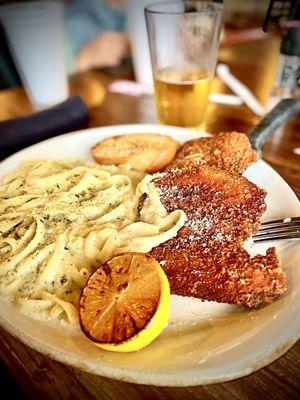 Pork Milanese with Fettuccine Alfredo and Texas Toast.