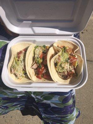 3 tacos: chicken, steak, and pork