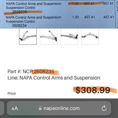 Lower control arms quoted at $457 each part, not including tax or labor. Napa parts stores sell them for $309.