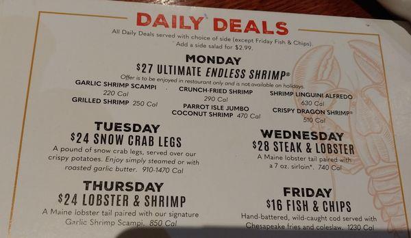 Daily Specials menu