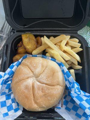 Pulled pork, fries and plantains