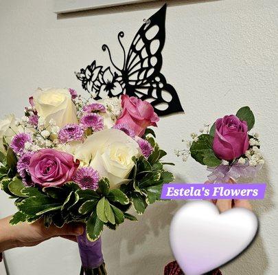 Beautiful purple and white prom bouquet paired with a button boutneer.