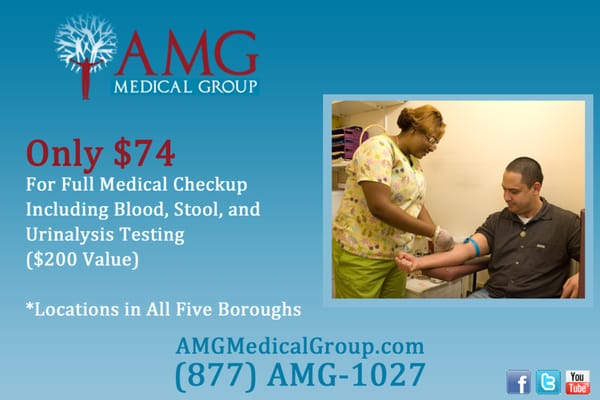 Full Medical Checkup including: Blood,Stool & Urinalysis Testing only $74 Call (877-AMG-1027)