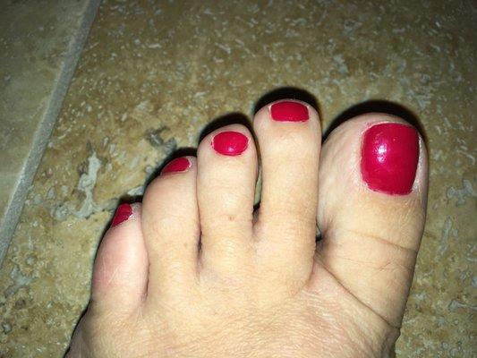 Very thin looking "OPI" polish shows all the imperfections in my nails. Several of the toes have polish on the skin!