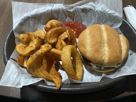 Pizza Burger and Onion Rings