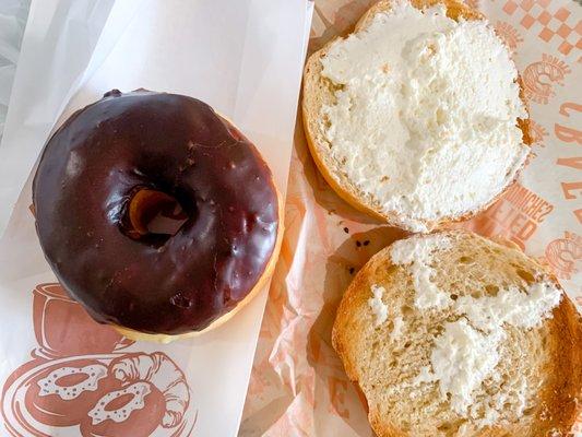 Chocolate glazed donut and everything bagel