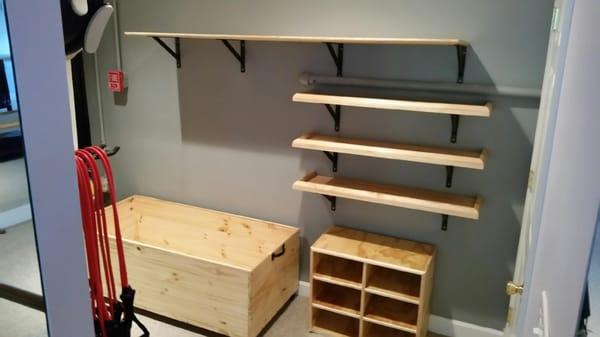 Built custom shelves and storage box