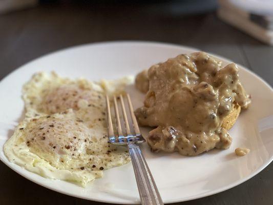 Sausage Biscuits & Gravy with Over Medium Eggs