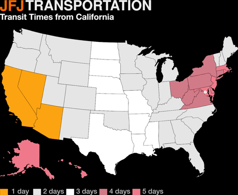 Transit times from California map