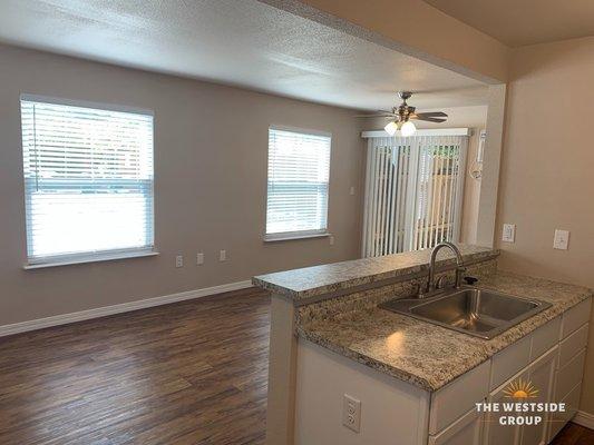 Kitchen counter facing living area