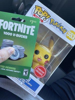 Pikachu Funko Pop and Fortnite Giftcard