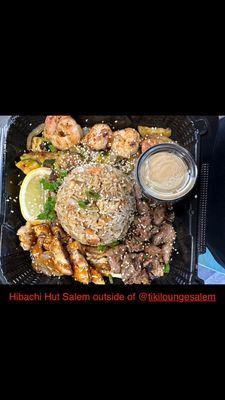 Hibachi Trio steak chicken and shrimp w/fried rice and fresh veggies