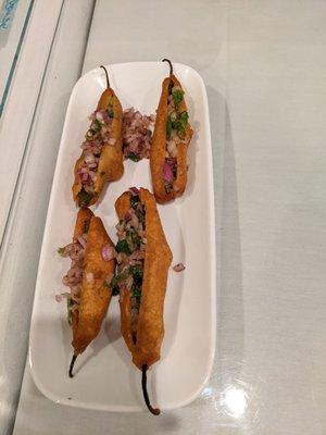 Masala Mirchi Bhajji - battered and fried chili pepper stuffed with onions