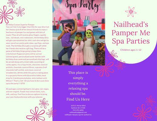 Our new brochure featuring packages for little girl Pamper Spa Parties.