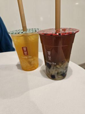 Medium passionfruit green tea on left and medium lychee oolong on right