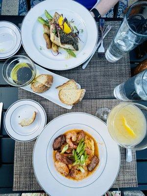 Shrimp and grits, sea bass and bread appetizer - all highly recommend!