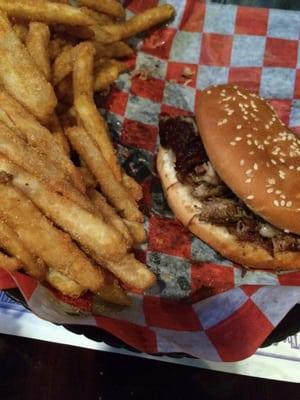 Pulled pork and beer batter fries