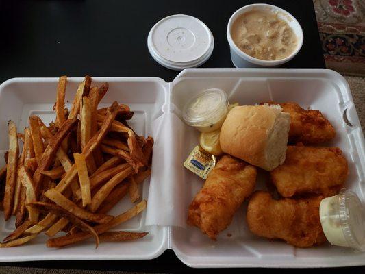 4 piece fish fry carryout with fries and baked potato soup