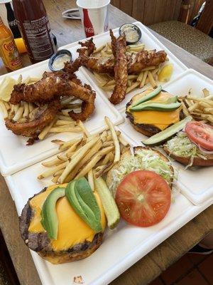 Fish and chips and burger with avocado