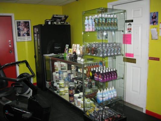 Supplements and tanning supplies. Certified Fitness Nutrition Specialist is usually always available.