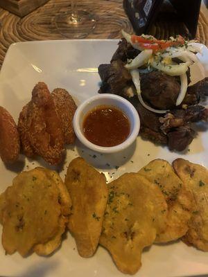 Fried goat, pikliz, fried plantains