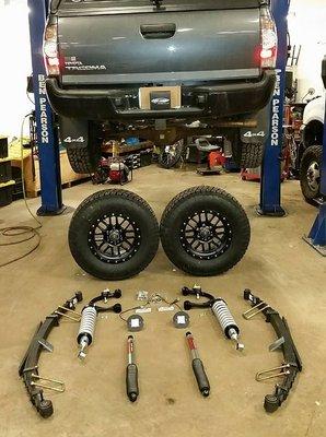 A customers Tacoma, ready to receive a 3" Toytec lift with tires and wheels.