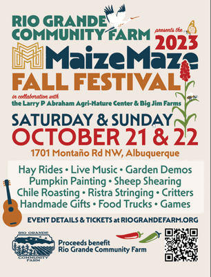 Join us Oct 21 and 22, 2023 for Maize Maze Fall Festival to benefit Rio Grande Community Farm! Tickets at https://riograndefarm.org