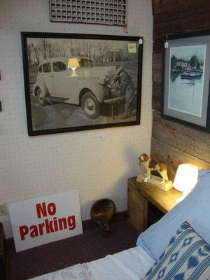 A giant antique car photo in the basement -- cool!