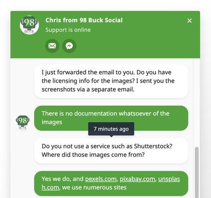 Here is the chat screen and the response from the company owner stating that they have no documentation or records  regarding their images!