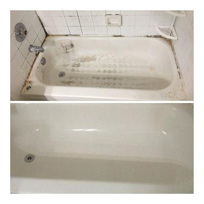 Before and after badly stained bath tub.