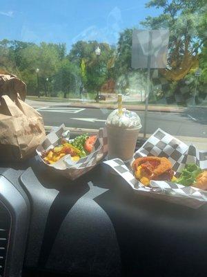 Our delicious lunch; fries, rattle burger, strawberry shake, and jailhouse burger.