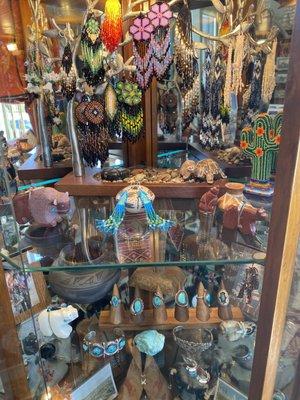 Fair trade Huichol beadwork , Zuni carvings and vintage Navajo silver jewelry