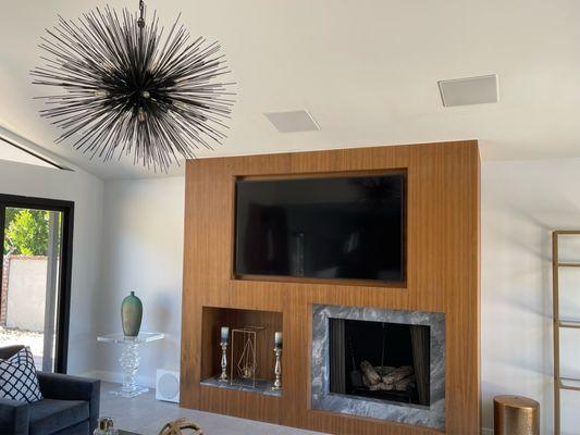 Family room walnut built in with fireplace