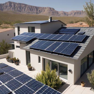 Large residential solar panel installation on roof mounted racks