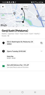 Ubereats says open from 10-2