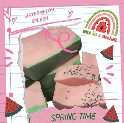 Handcrafted watermelon soap made with creamy cocoa butter