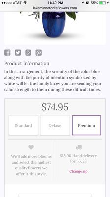 Website showing that the premium upgrade included more blooms and highest quality of flowers