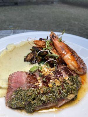 Garlic whipped potatoes  crispy Brussels sprouts  broil shrimp ny strip  w/ chimmichuri