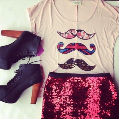 Mustache top $19 from Pink House Boutique, Betsey Johnson skirt from our shop $25, Jeffrey Campbell size 9 shoes $60