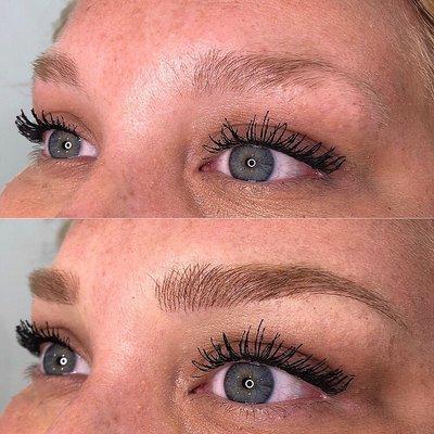 Fluffy natural brows enhanced with microbladed hair strokes.