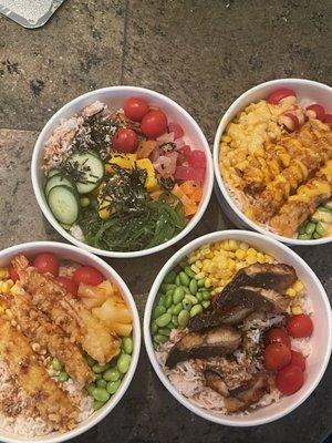 Two Shrimp Tempura Bowl, Unagi Bowl, and Rainbow Bowl