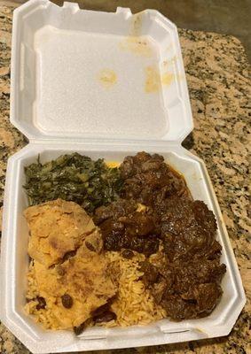 Oxtails, peas rice, greens