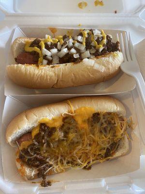 Coney dog on top, chili dog on bottom