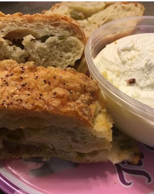 The amazing jalapeño bread extra jalapeños and a side of cream cheese. Best snack when your pregnant and trying to go into labor!