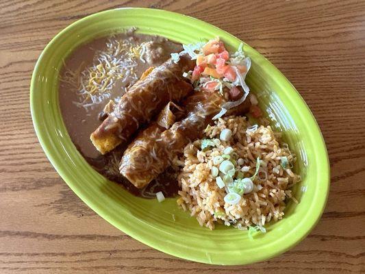 #7 Plate - Two Chicken Enchiladas, Rice and Choice of Beans