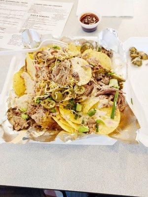 Shredded chicken nachos.