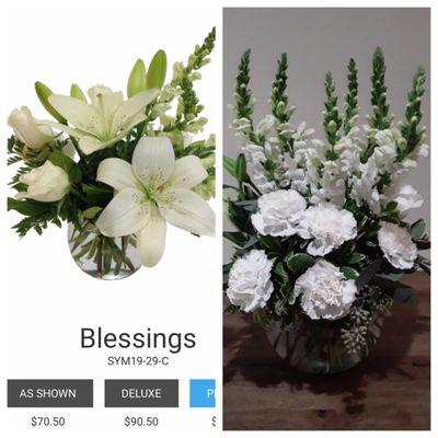 The blessings arrangement on the left, the premium version of this on the right using mostly different flowers.