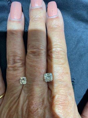 Moms hand: left, natural grown diamond, right, Lab Grown Diamond comparison