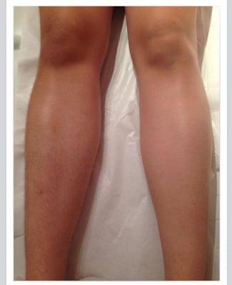 Before and after pic of half leg wax. $25.