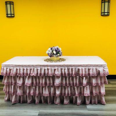 Pleated Ruffle Table Skirt With Lace for 4, 6 and 8 foot tables, different colors and styles available. Give us a Call